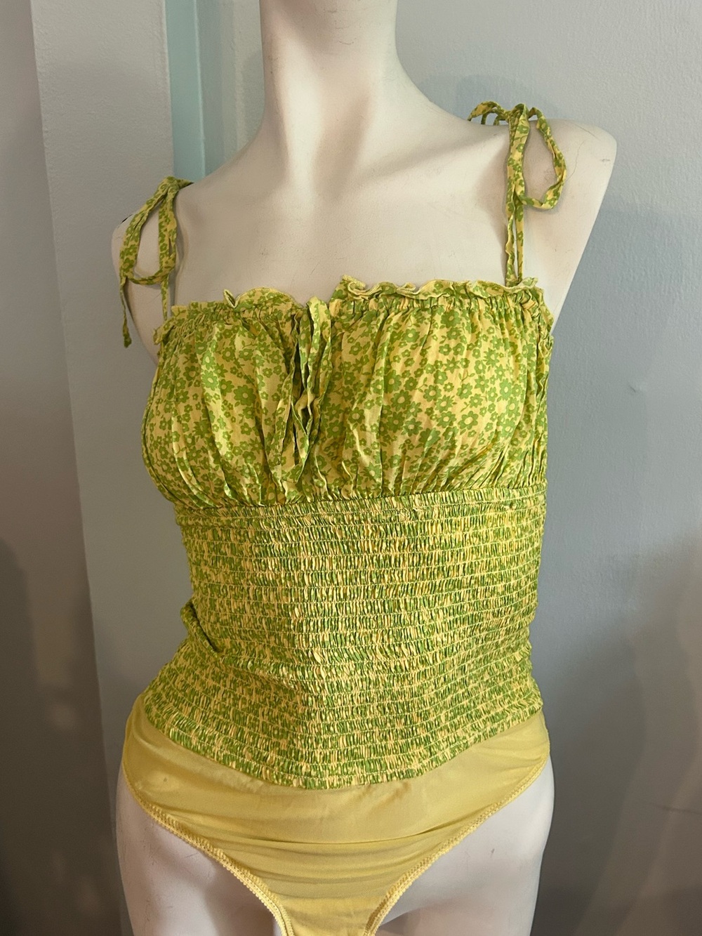 Free People Lime Green Smocked Tie-Shoulder body suit